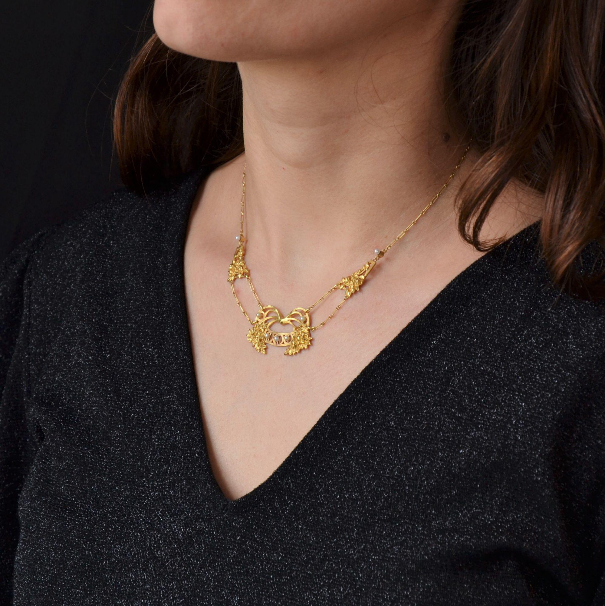 Bead Modern French Art Nouveau Style Pearl 18 Karat Yellow Gold Drapery Necklace