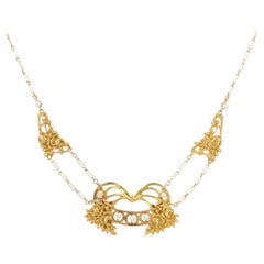 Modern French Art Nouveau Style Pearl 18 Karat Yellow Gold Drapery Necklace