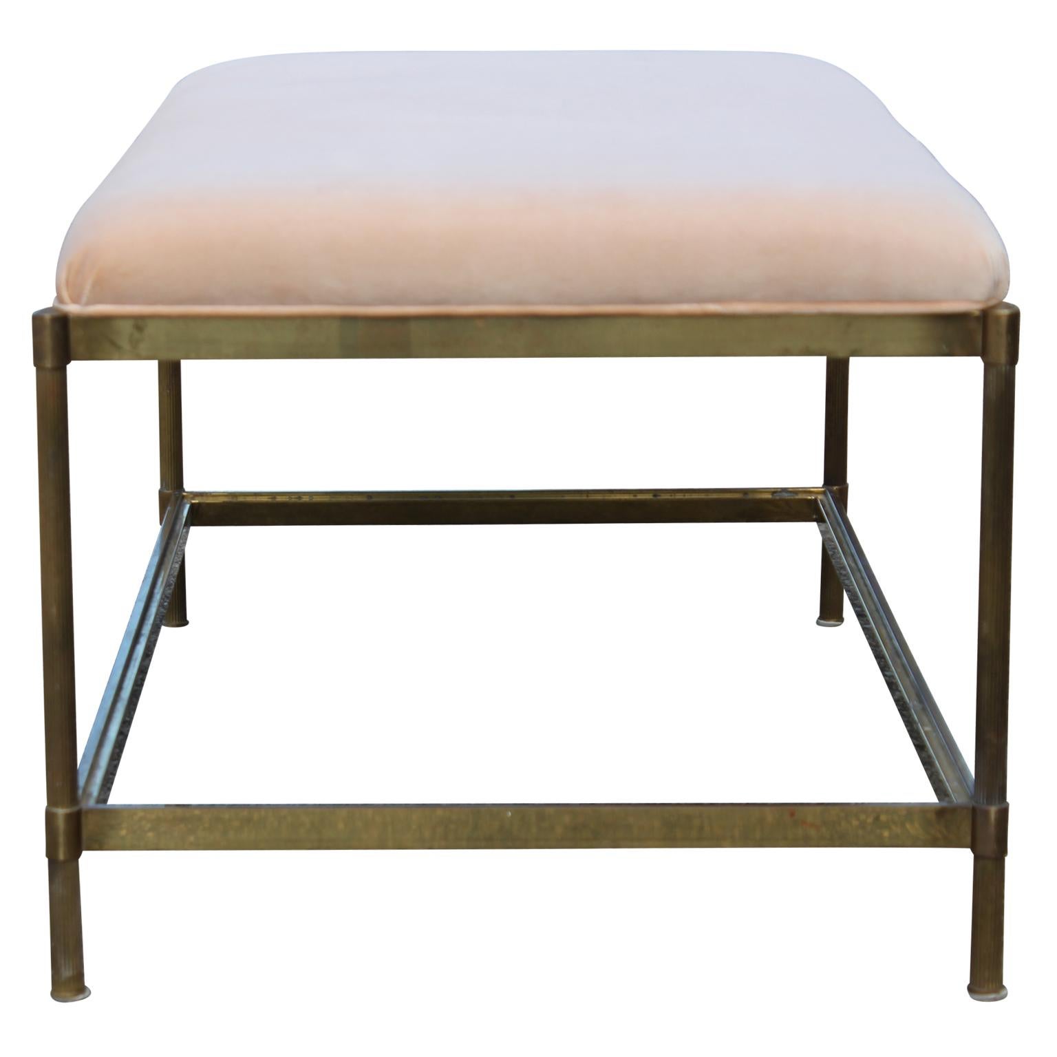 Late 20th Century Modern French Baby Pink Velvet and Solid Brass Custom Bench/Ottoman