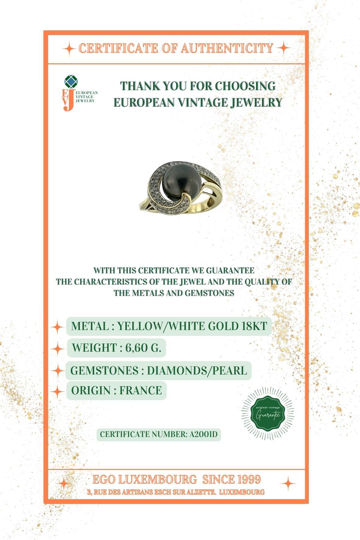 Anello cocktail francese moderno in oro con perle nere e diamanti in vendita 5