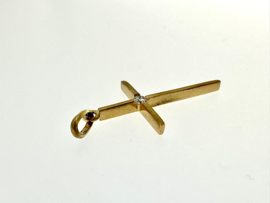 Women's or Men's Modern French Cross in 18Kt Yellow Gold with Diamond For Sale