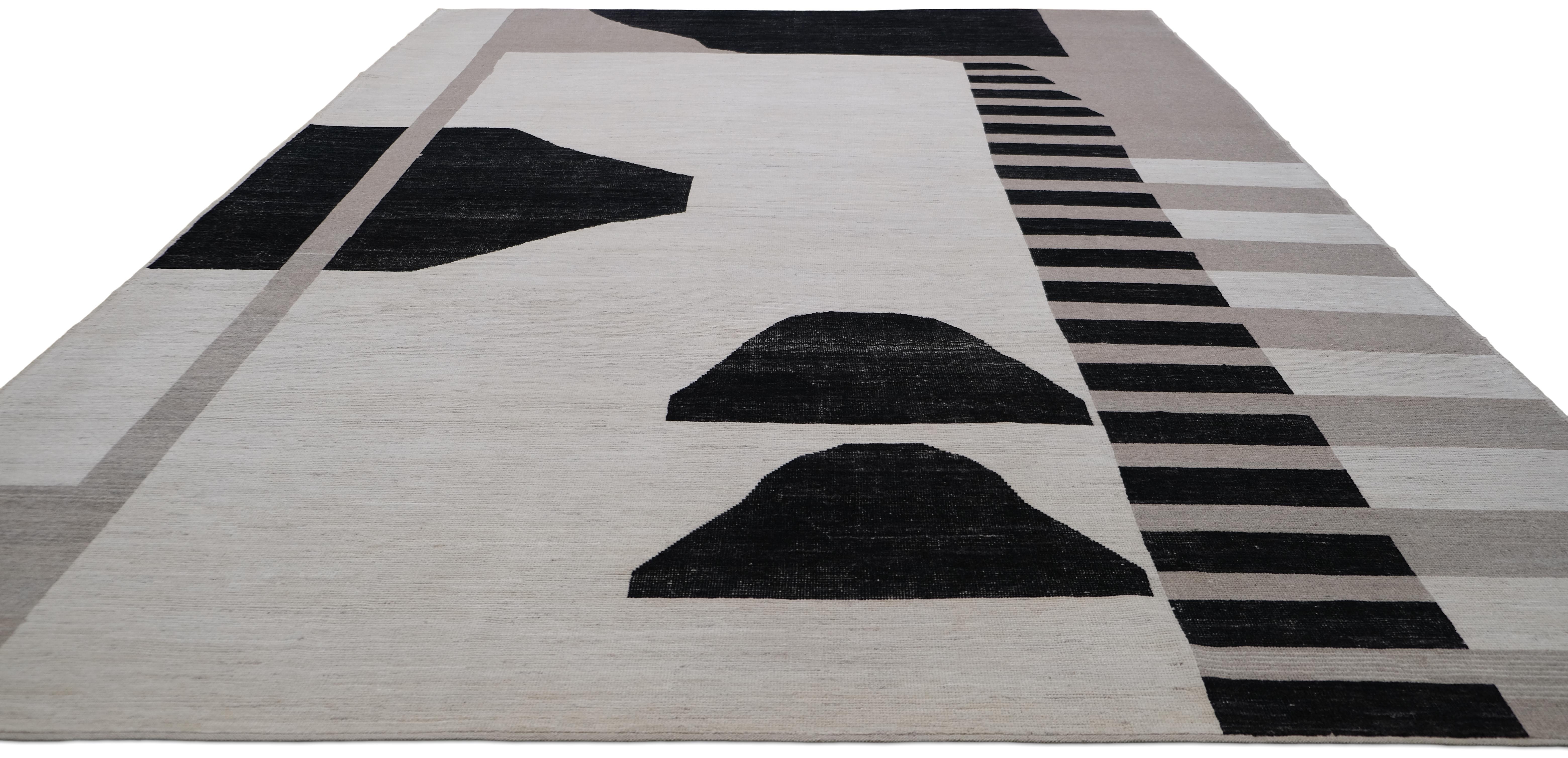 Alfombra de Lana Moderna French Deco Negra y Beige 10'2''x14' Moderno en venta