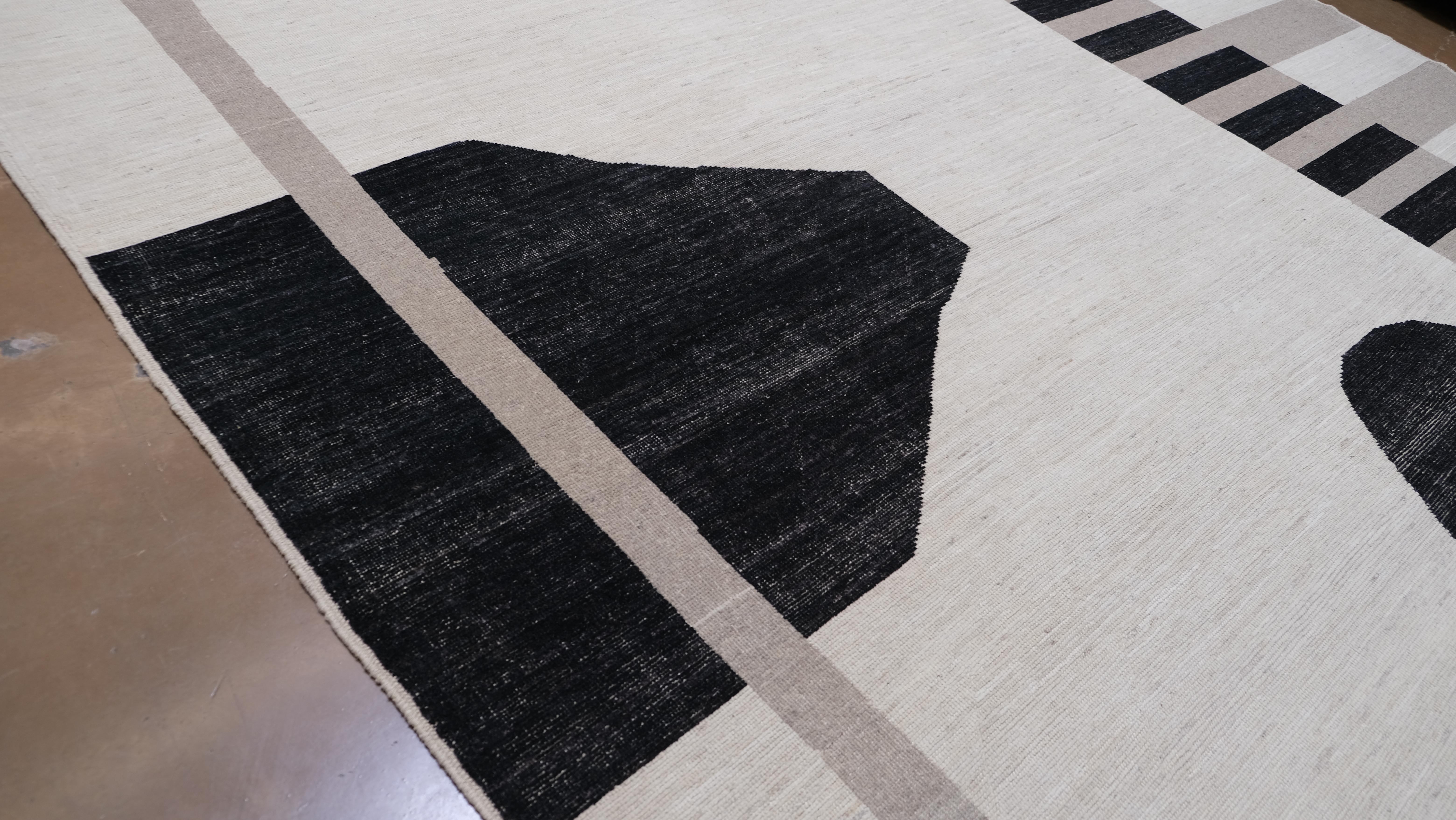 Alfombra de Lana Moderna French Deco Negra y Beige 10'2''x14' Anudado a mano en venta