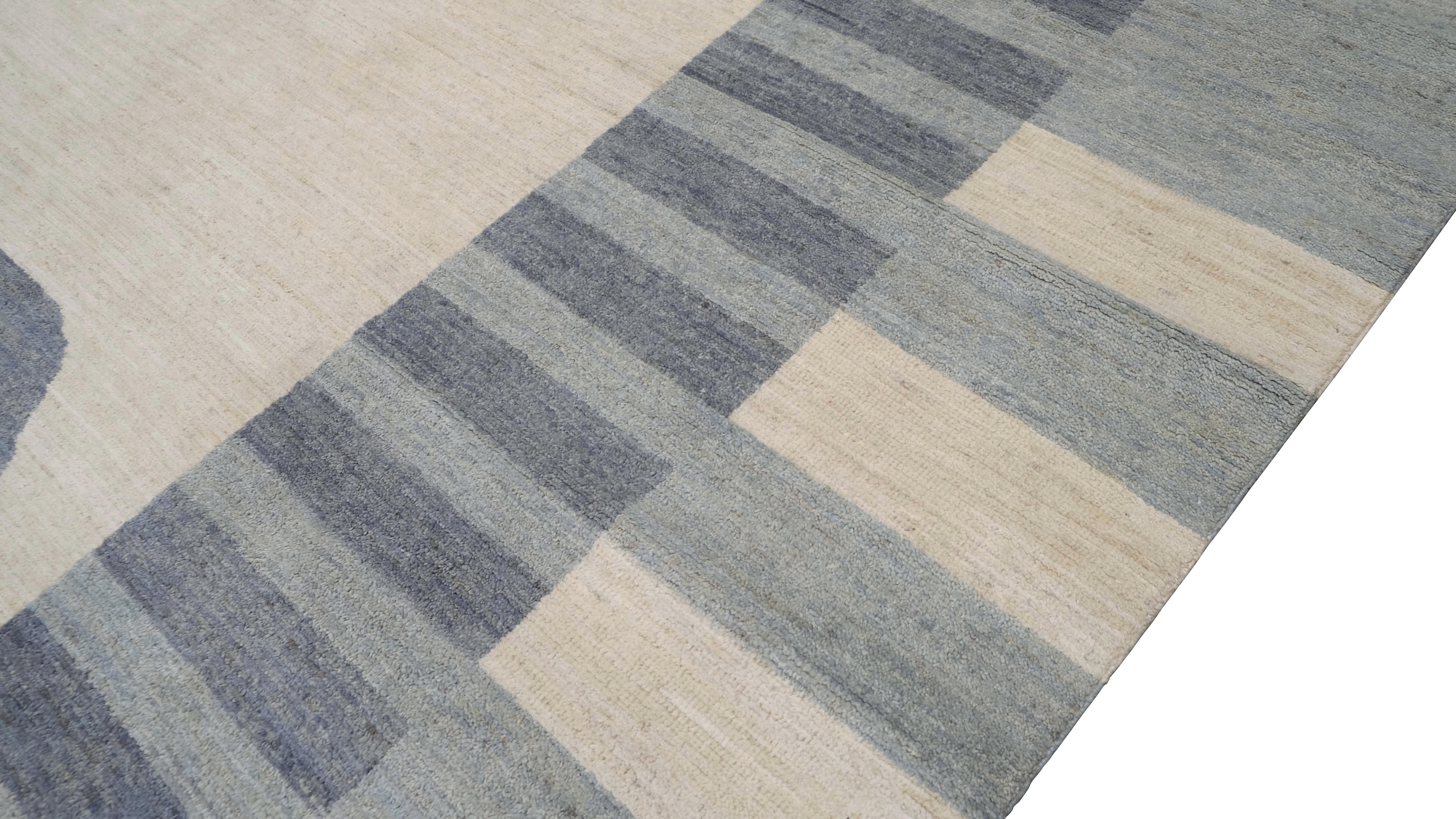Modern French Deco Style Blue and Beige Wool Rug 9'x12' For Sale 4