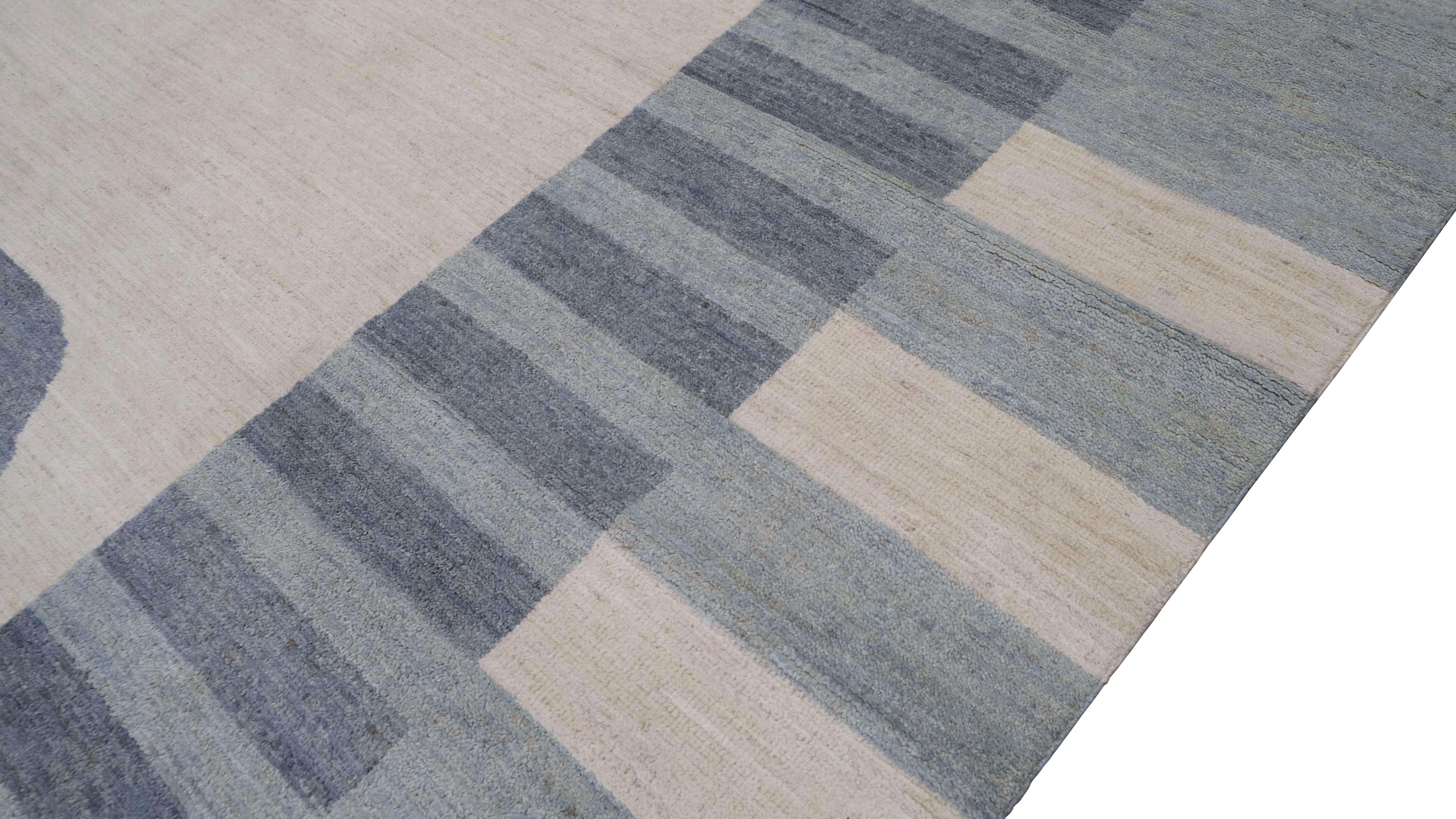 Pakistani Modern French Deco Style Blue and Beige Wool Rug 9'x12' For Sale