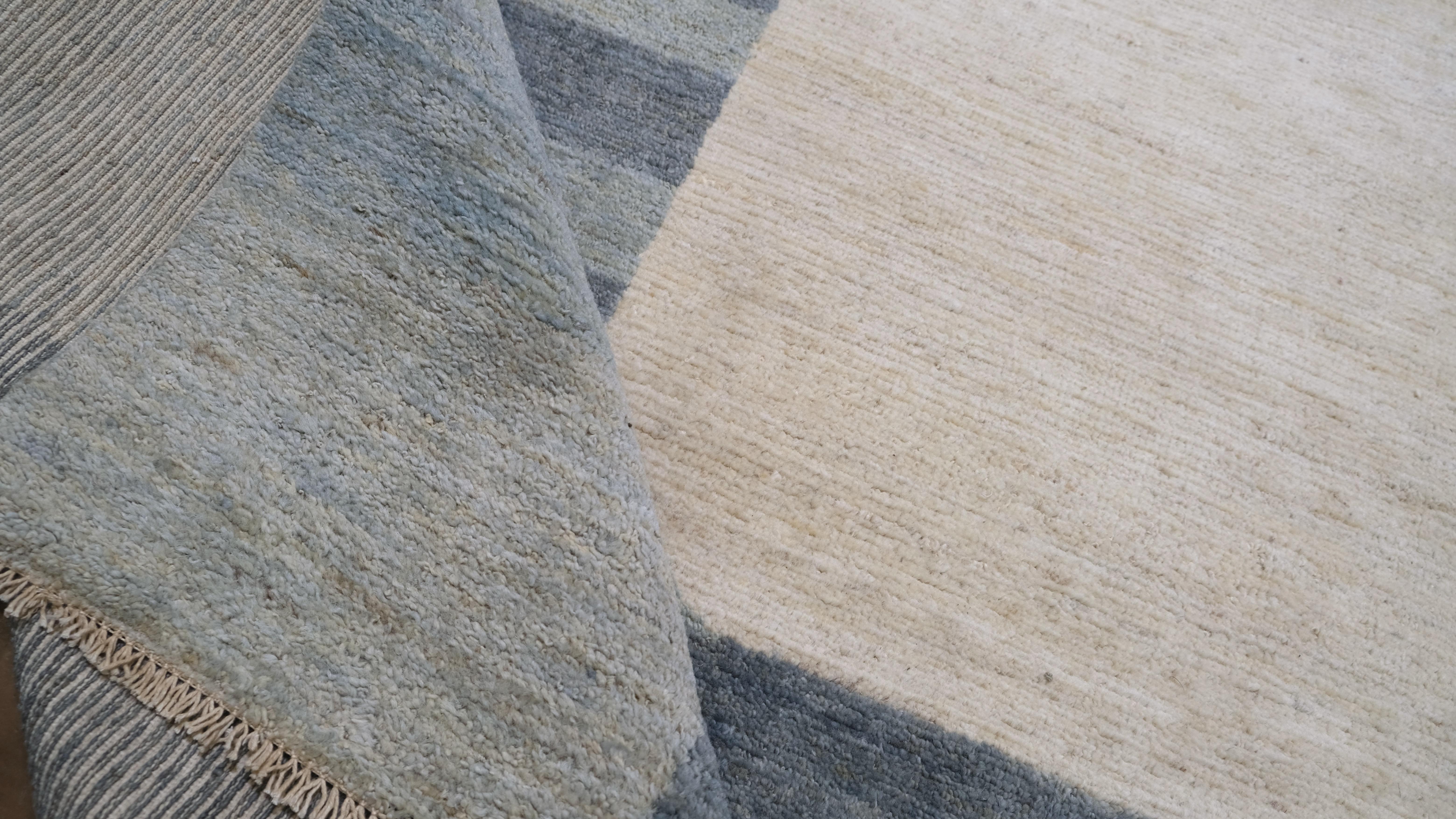 Hand-Knotted Modern French Deco Style Blue and Beige Wool Rug 9'x12' For Sale