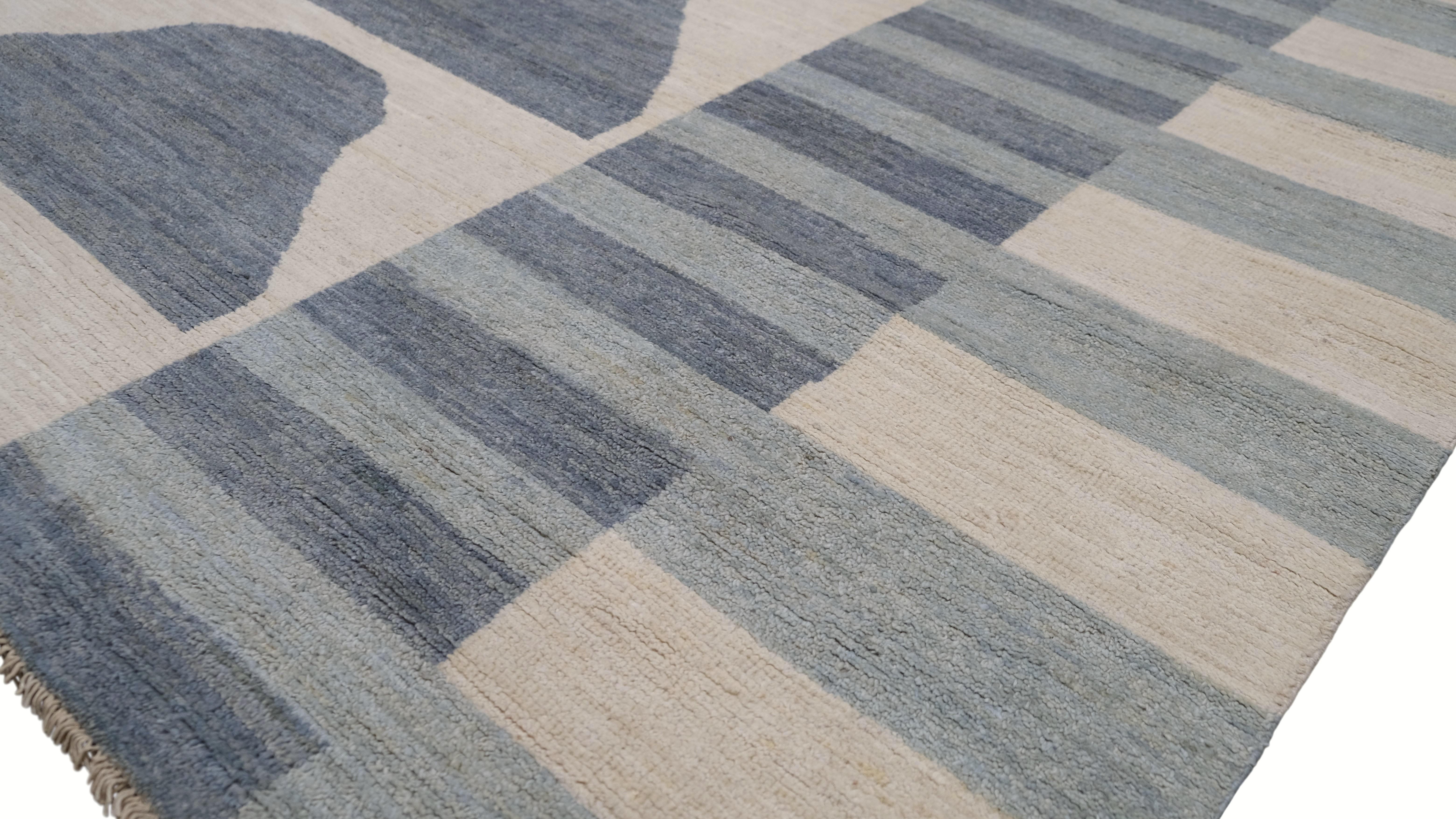 Contemporary Modern French Deco Style Blue and Beige Wool Rug 9'x12' For Sale