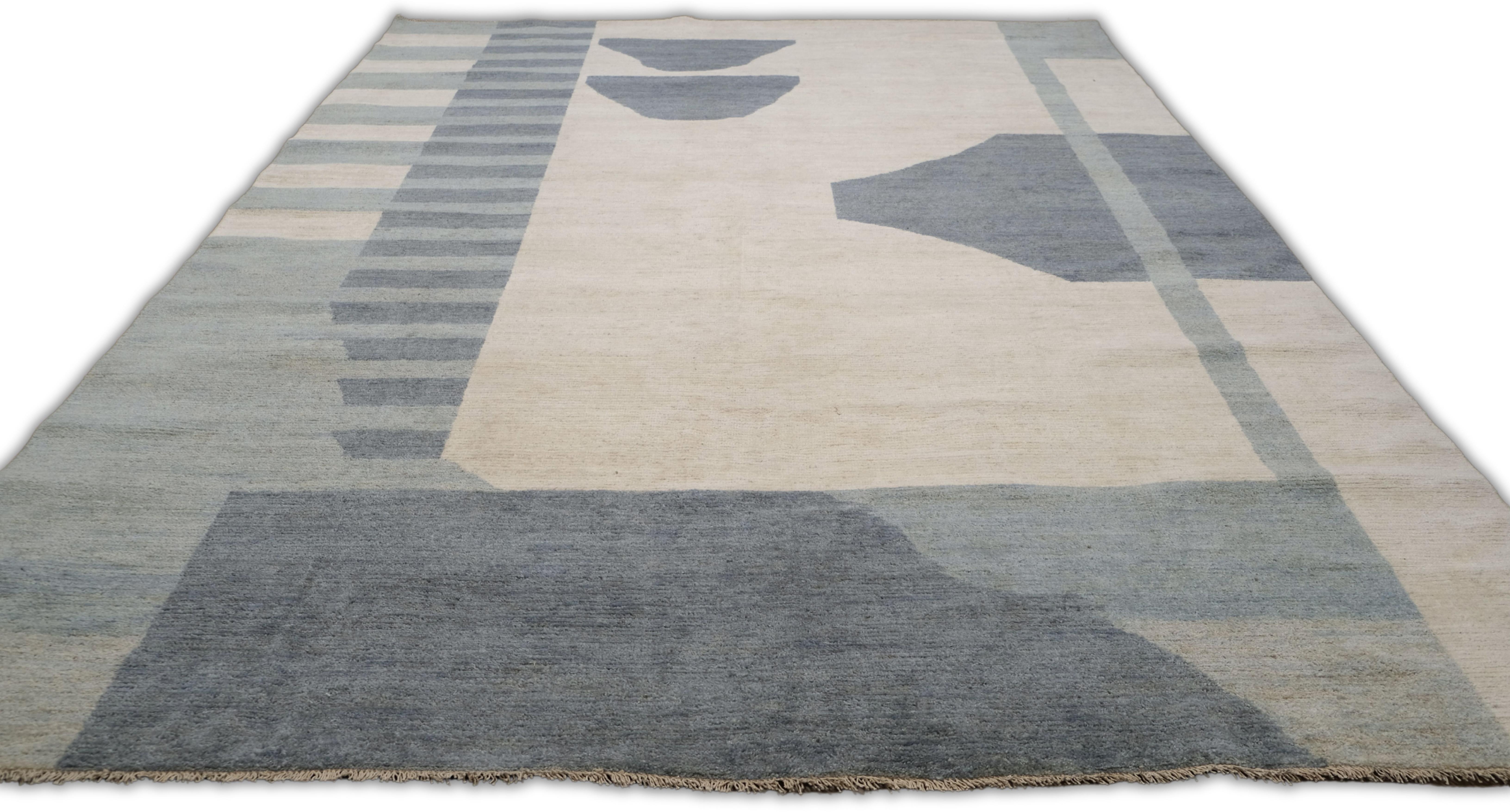 Modern French Deco Style Blue and Beige Wool Rug 9'x12' For Sale 2
