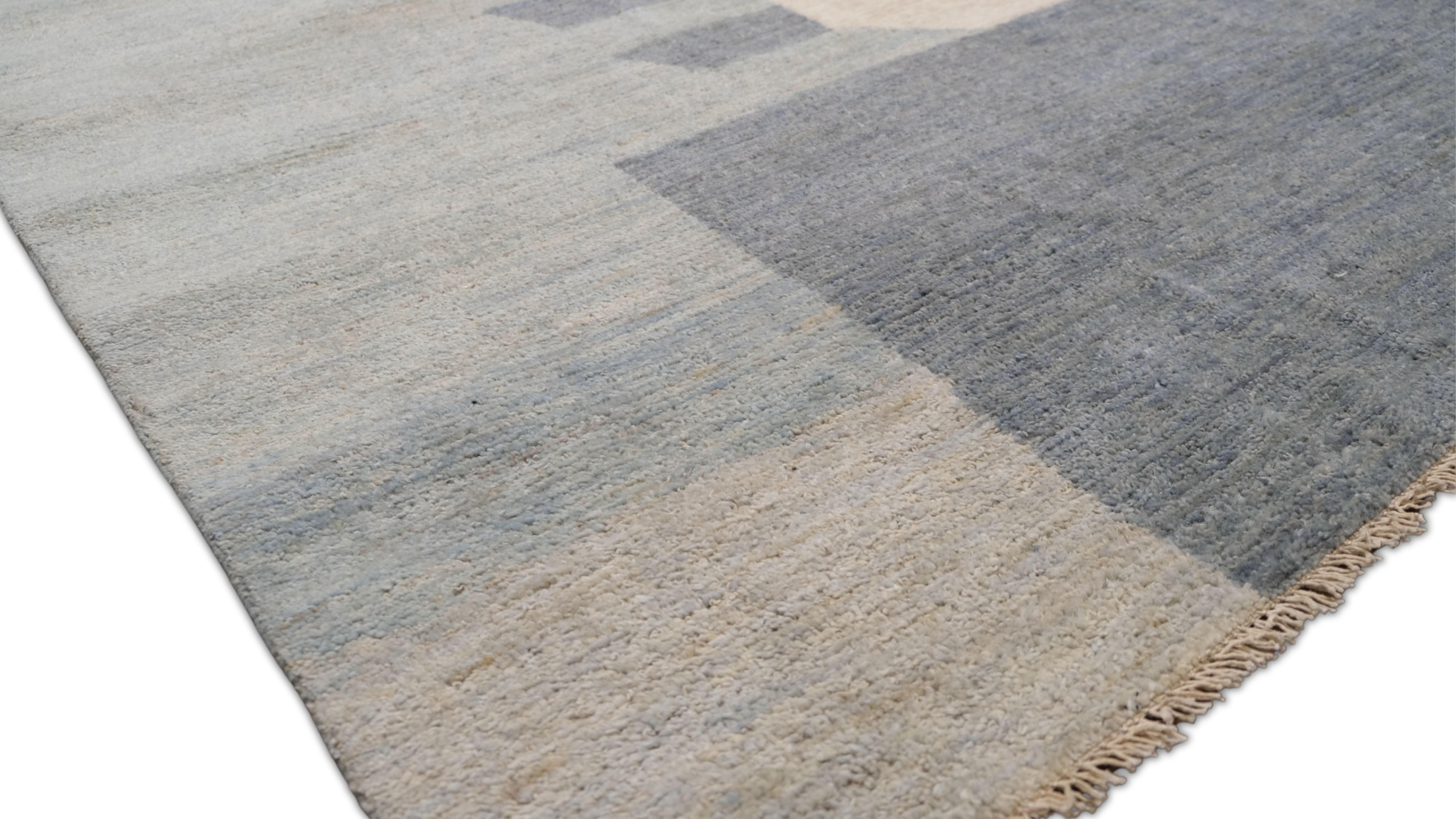 Modern French Deco Style Blue and Beige Wool Rug 9'x12' For Sale 3