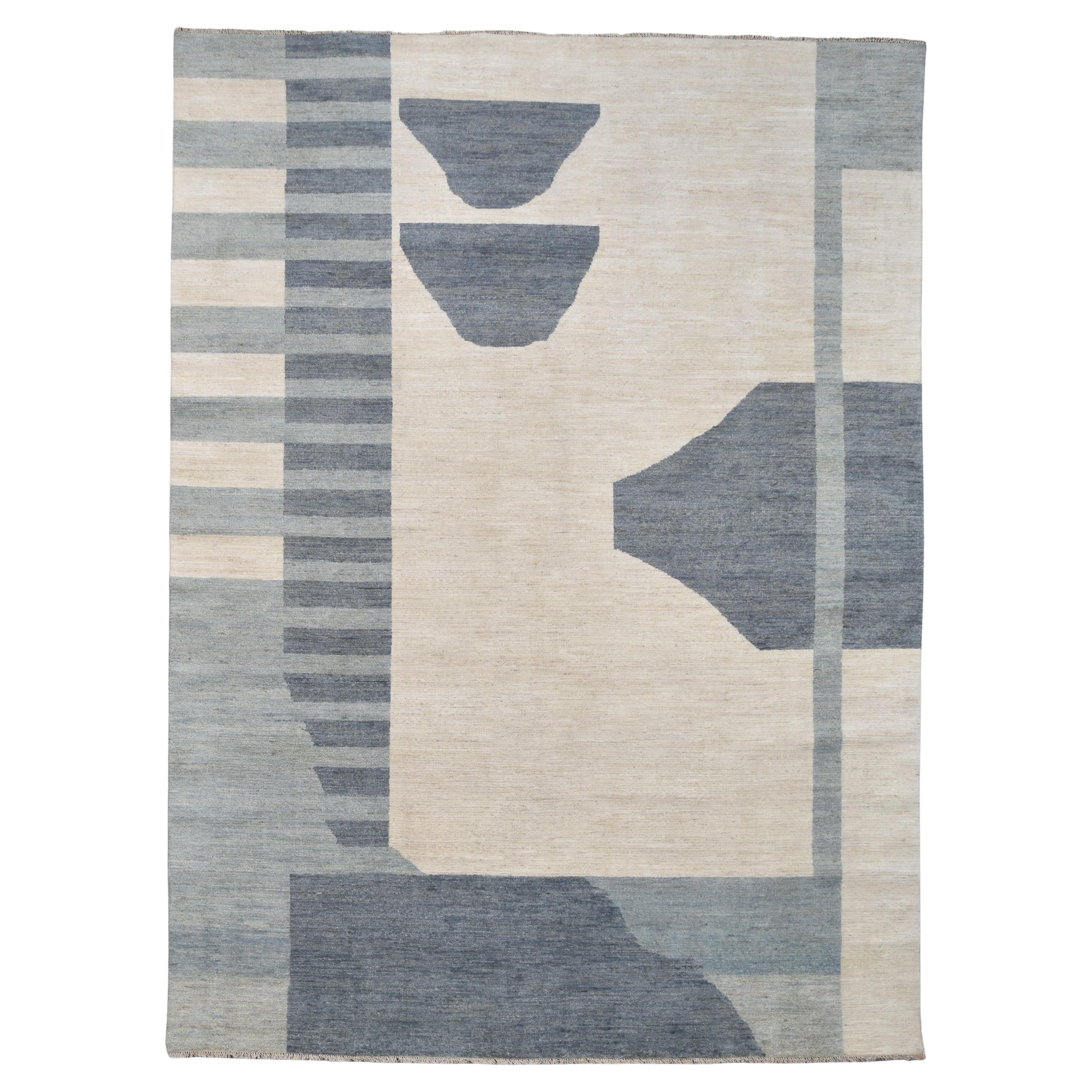 Modern French Deco Style Blue and Beige Wool Rug 9'x12'