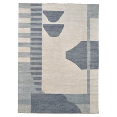 Moderner blauer und beigefarbener Wollteppich im französischen Deko-Stil 9'x12'