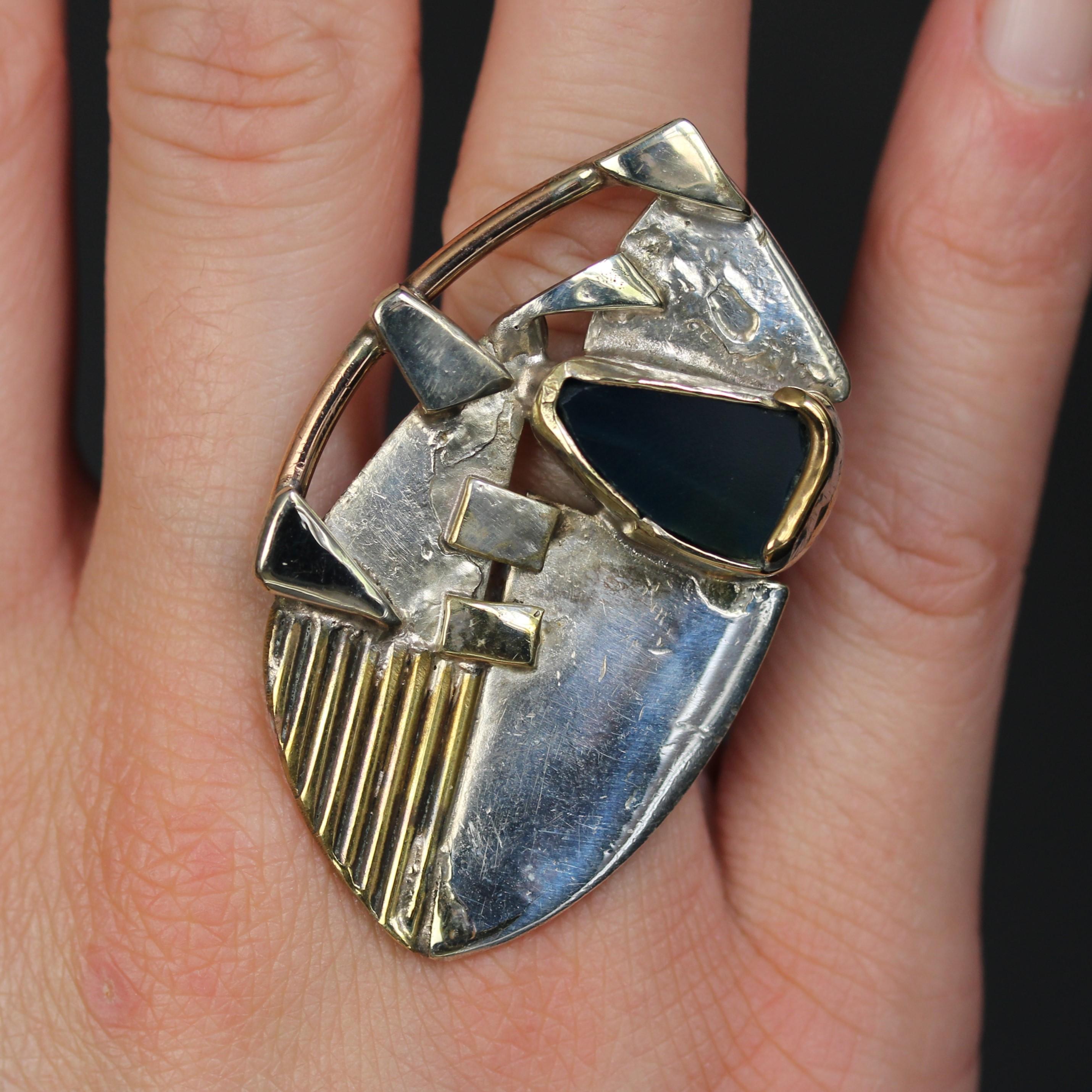 Modern French Designer Metal Blue Glass Plate Ring For Sale 1