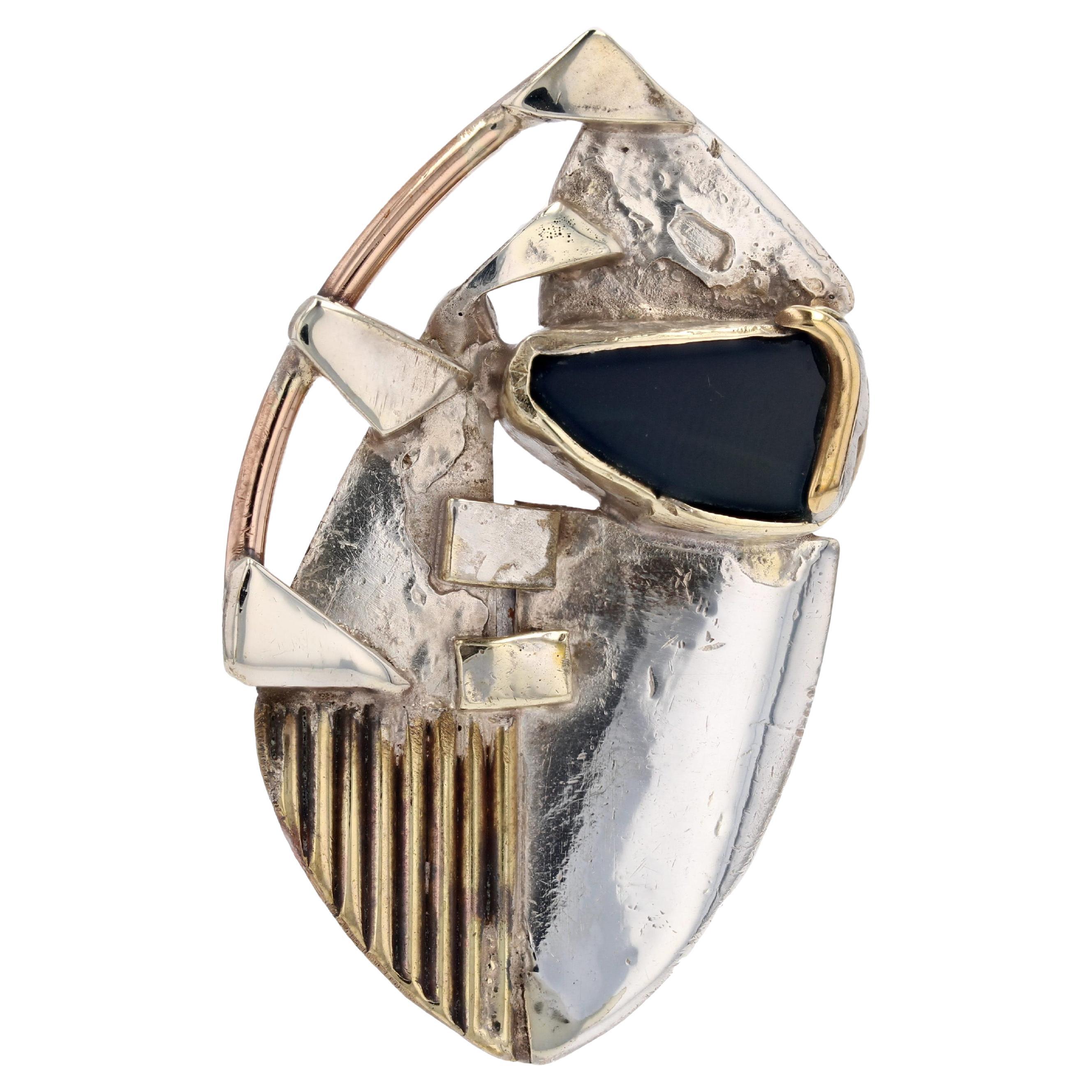 Modern French Designer Metal Blue Glass Plate Ring