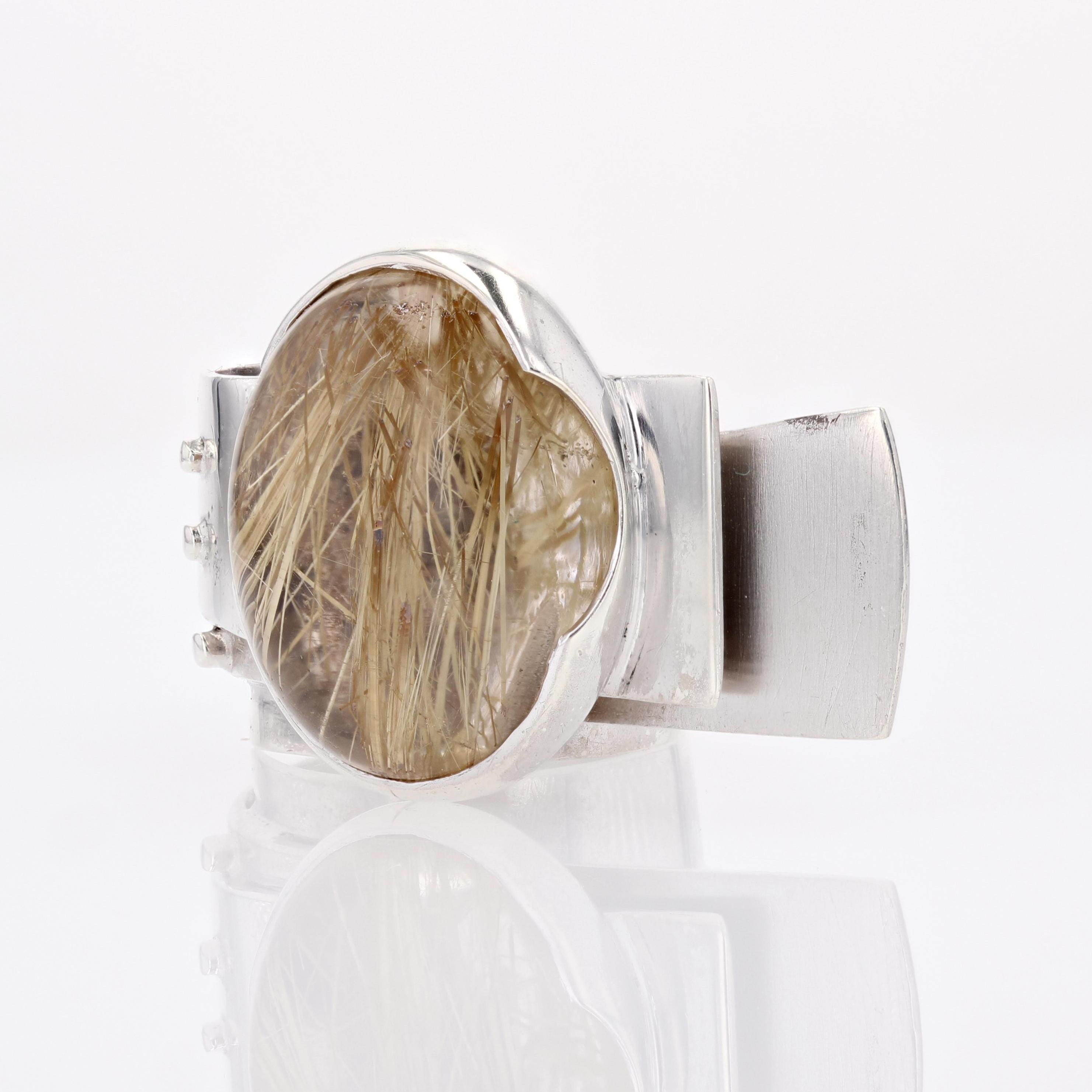 Modern French Designer Silver Dendrite Quartz Ring In Good Condition For Sale In Poitiers, FR