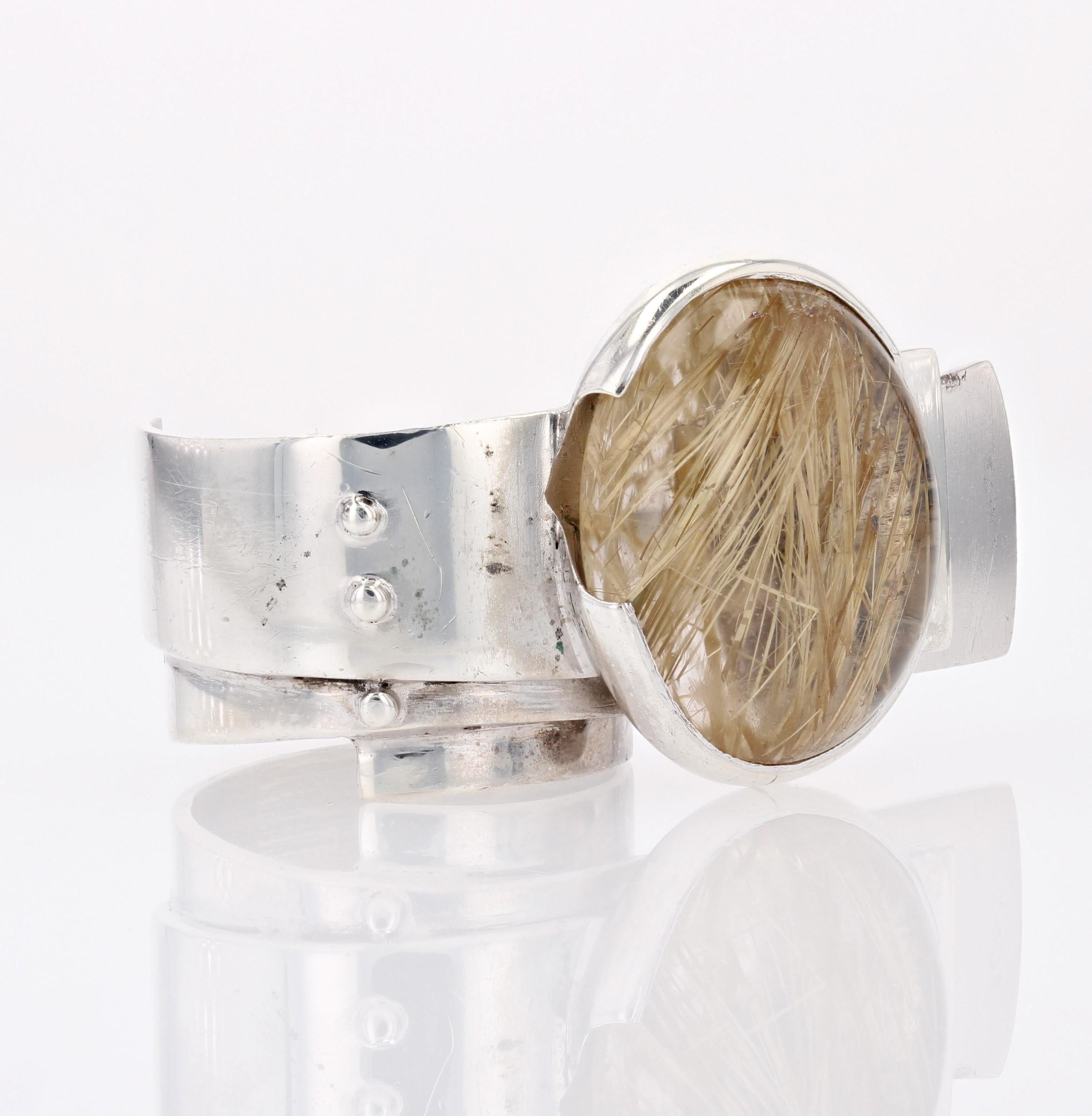 Women's Modern French Designer Silver Dendrite Quartz Ring For Sale
