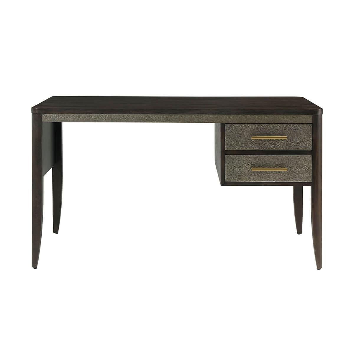 A French two drawer desk with our Rowan beech veneer finish, embossed leather wrapped frieze and drawers with brushed brass finish handles.
Dimensions: 54