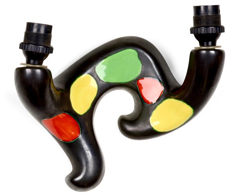 Modern French Glazed Porcelain Ceramic Sconce, Black, Red, Green, Yellow, 1950s. Listing is for single sconce. Shades in image 1 are for display only. Lampshades not included. 7 h × 8½ w × 3¾ d in (18 × 22 × 10 cm).
 