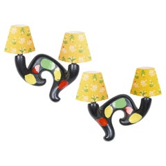 Modern French Glazed Porcelain Ceramic Sconce, Black, Red, Green, Yellow, 1950s