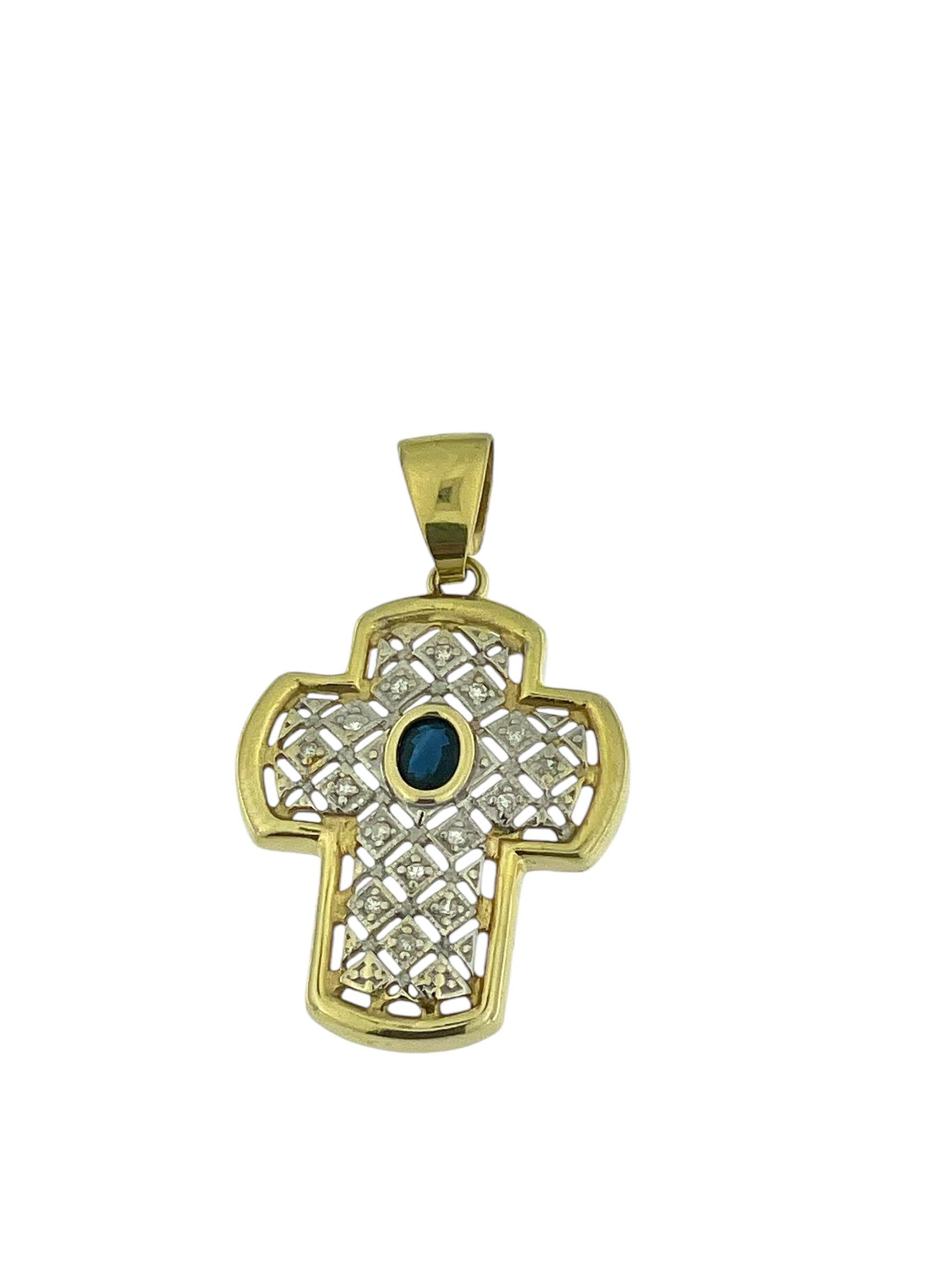 Croce francese moderna in oro con zaffiro e diamanti In condizioni buone in vendita a Esch sur Alzette, Esch-sur-Alzette