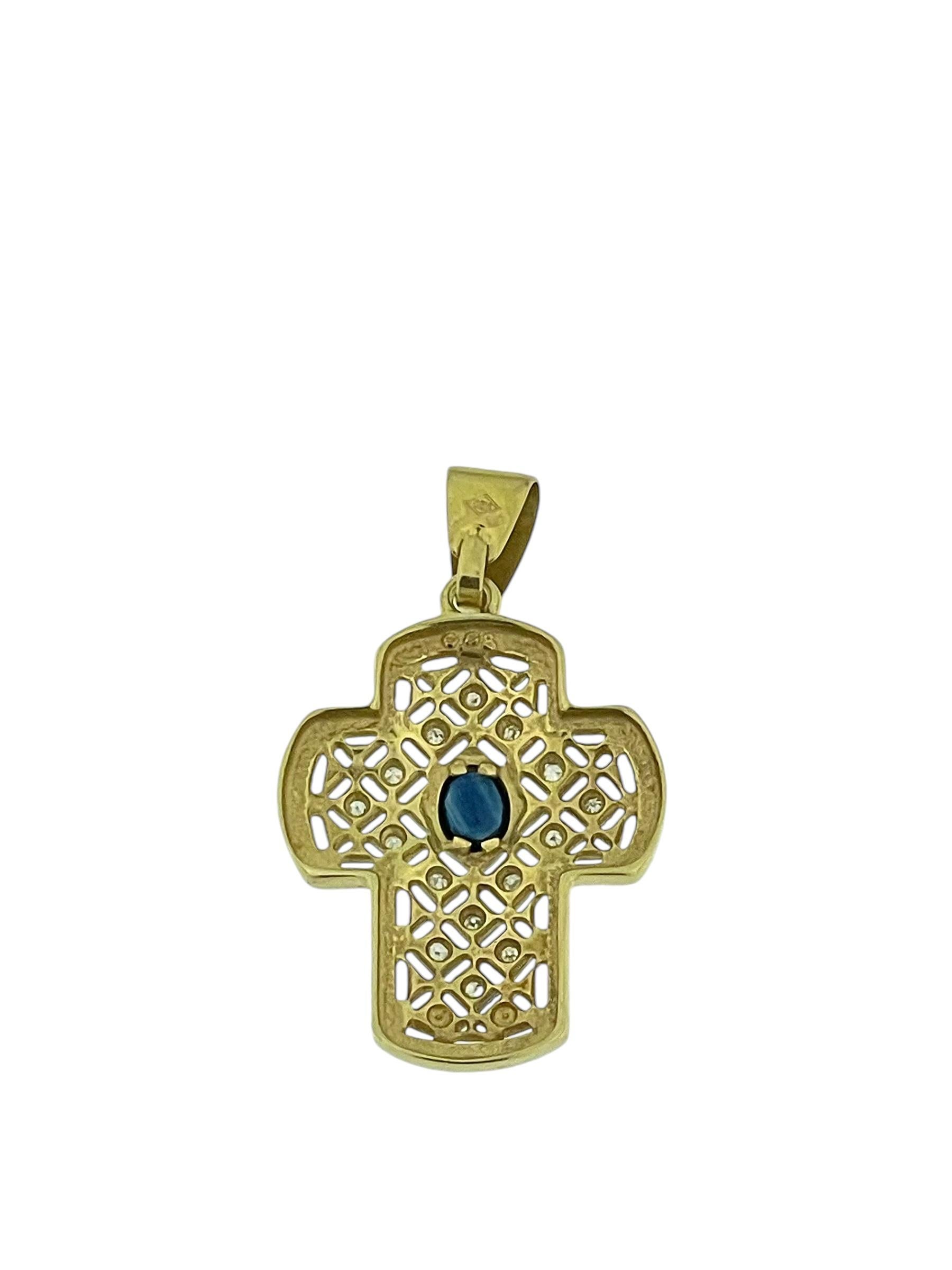 Croce francese moderna in oro con zaffiro e diamanti in vendita 1
