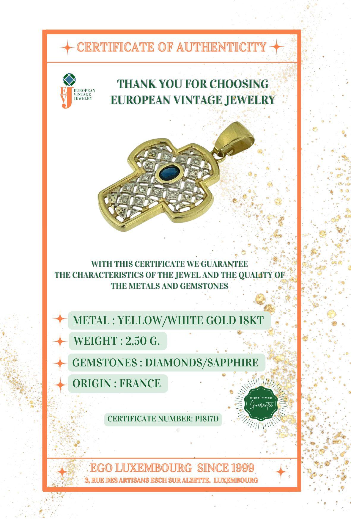 Croce francese moderna in oro con zaffiro e diamanti in vendita 3