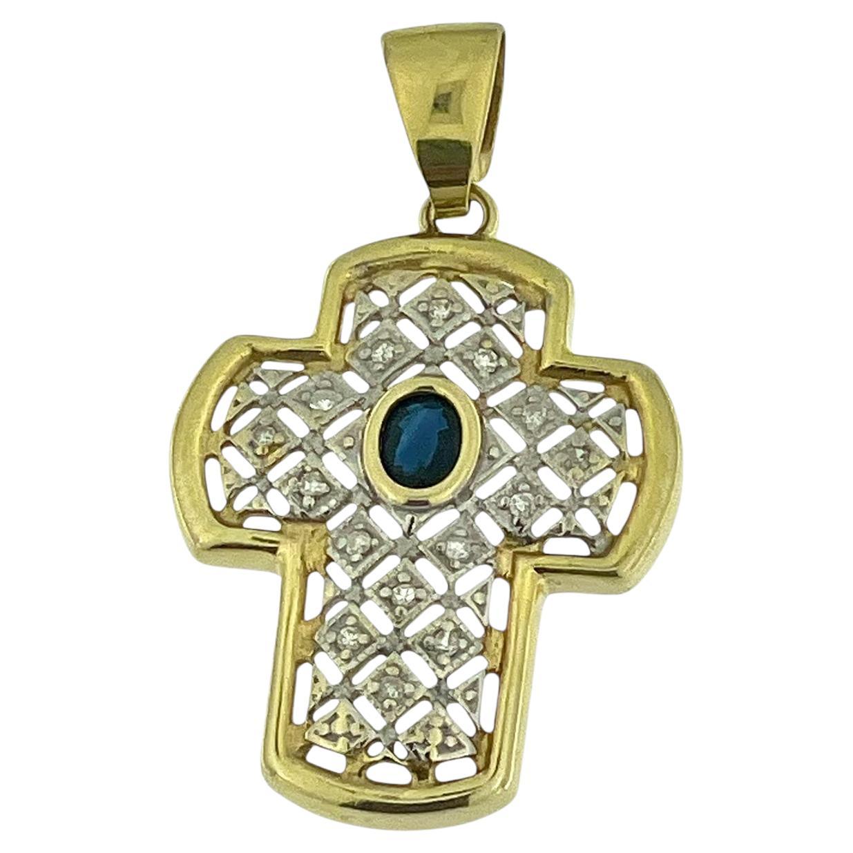 Modern French Gold Cross with Sapphire and Diamonds