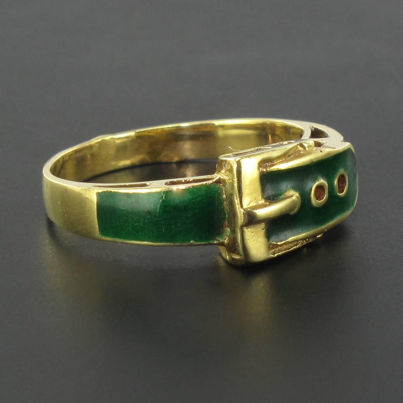 Anello da cintura moderno francese con smalto verde e oro giallo 18 carati in vendita 2