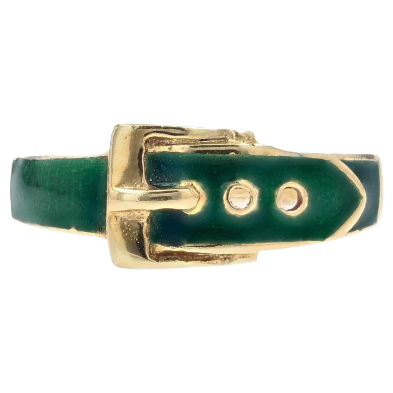 Modern French Green Enamel 18 Karat Yellow Gold Belt Ring