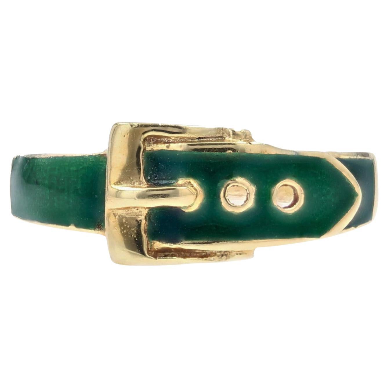 Anello da cintura moderno francese con smalto verde e oro giallo 18 carati