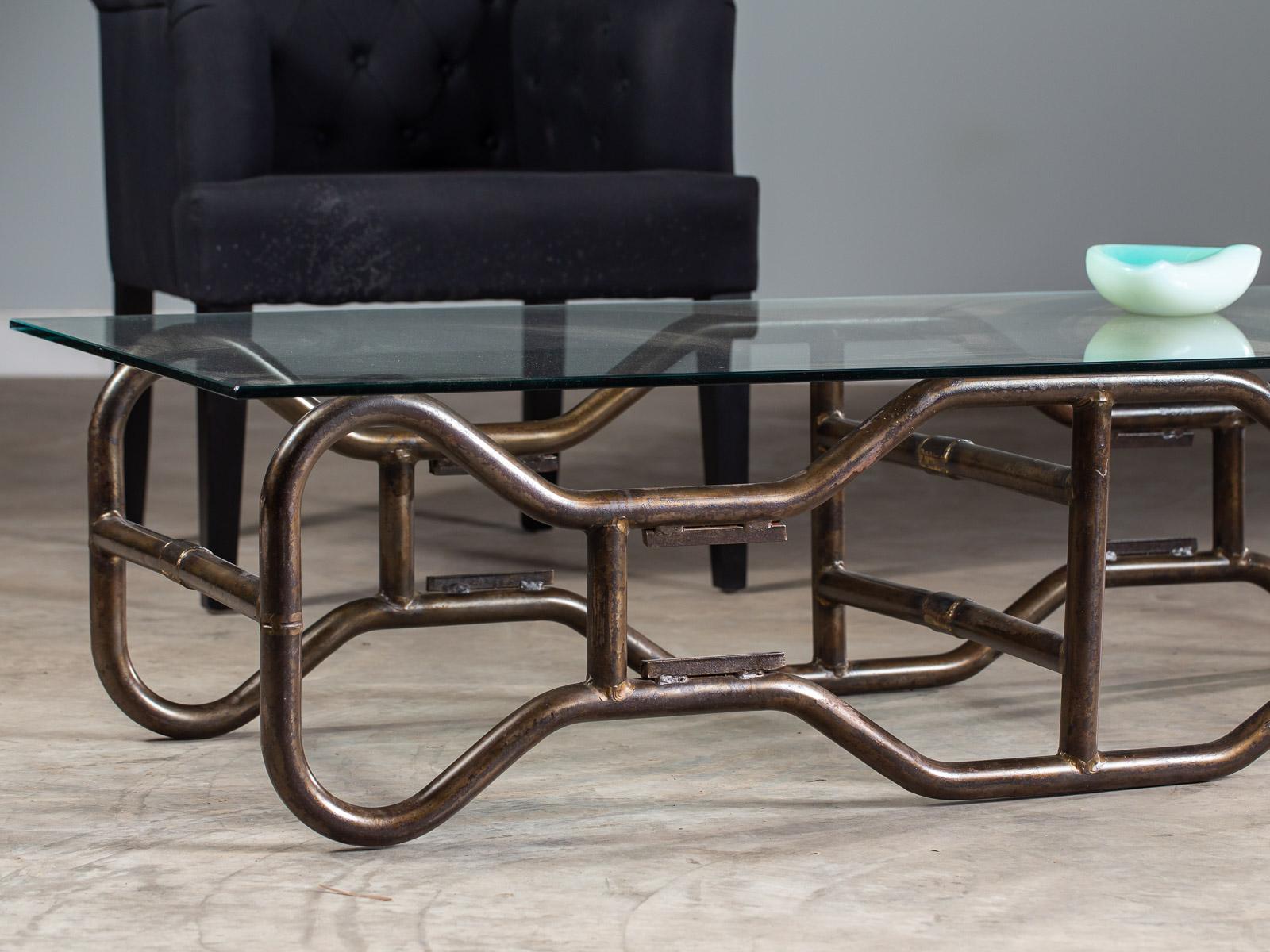 Modern French Industrial Steel Frame Glass Top Coffee Table, circa 1970 For Sale 8