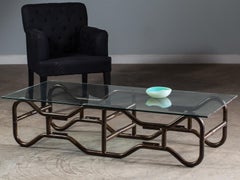 Modern French Industrial Steel Frame Glass Top Coffee Table, circa 1970