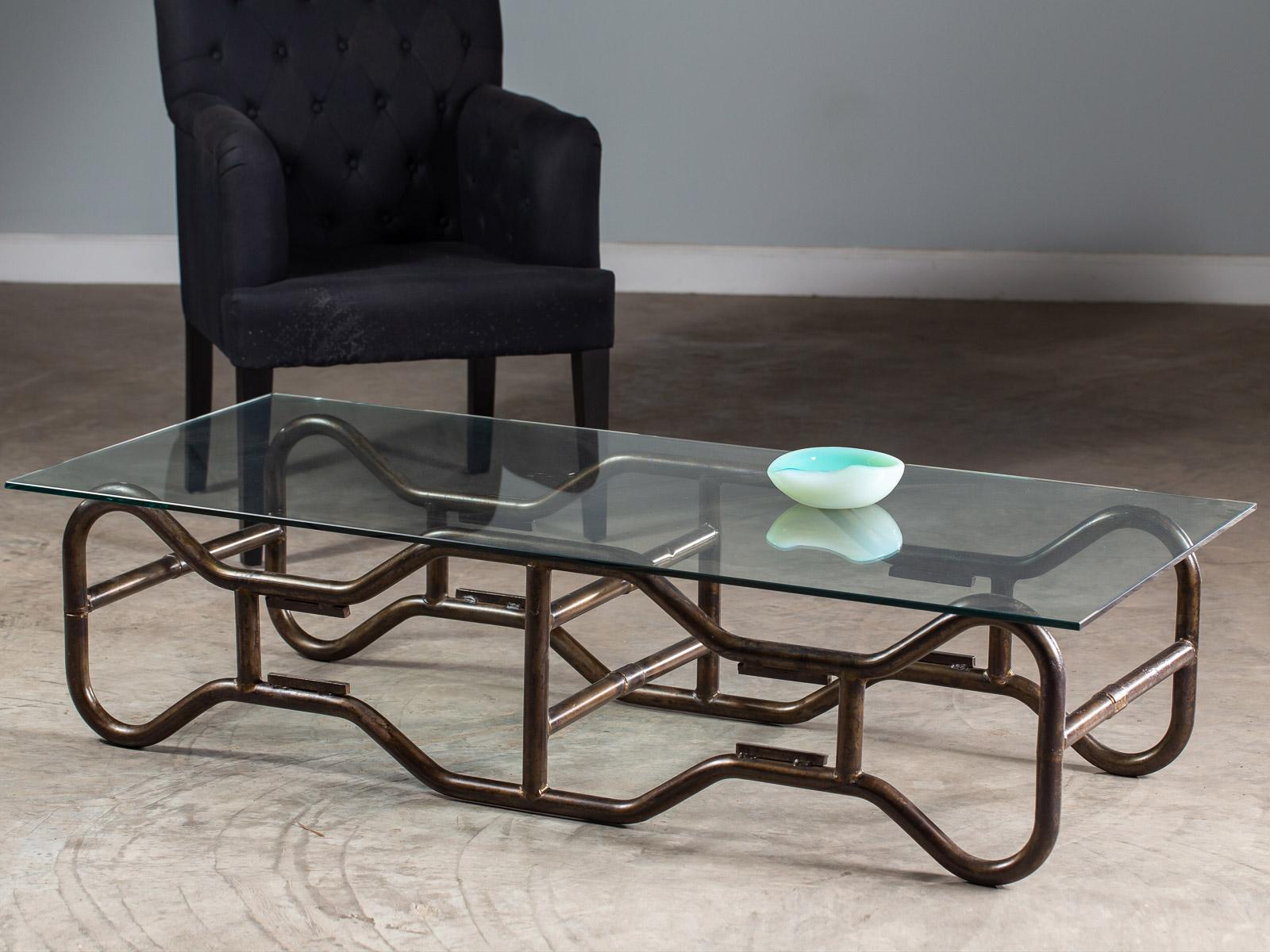 Modern French Industrial Steel Frame Glass Top Coffee Table, circa 1970 In Good Condition For Sale In Houston, TX