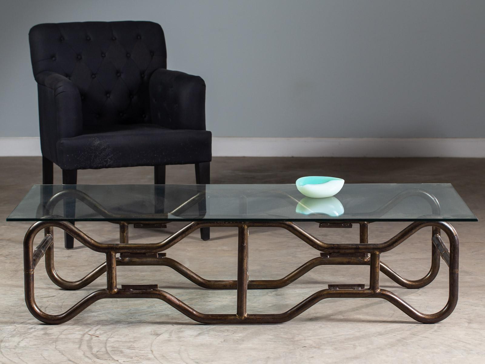 Modern French Industrial Steel Frame Glass Top Coffee Table, circa 1970 For Sale 1