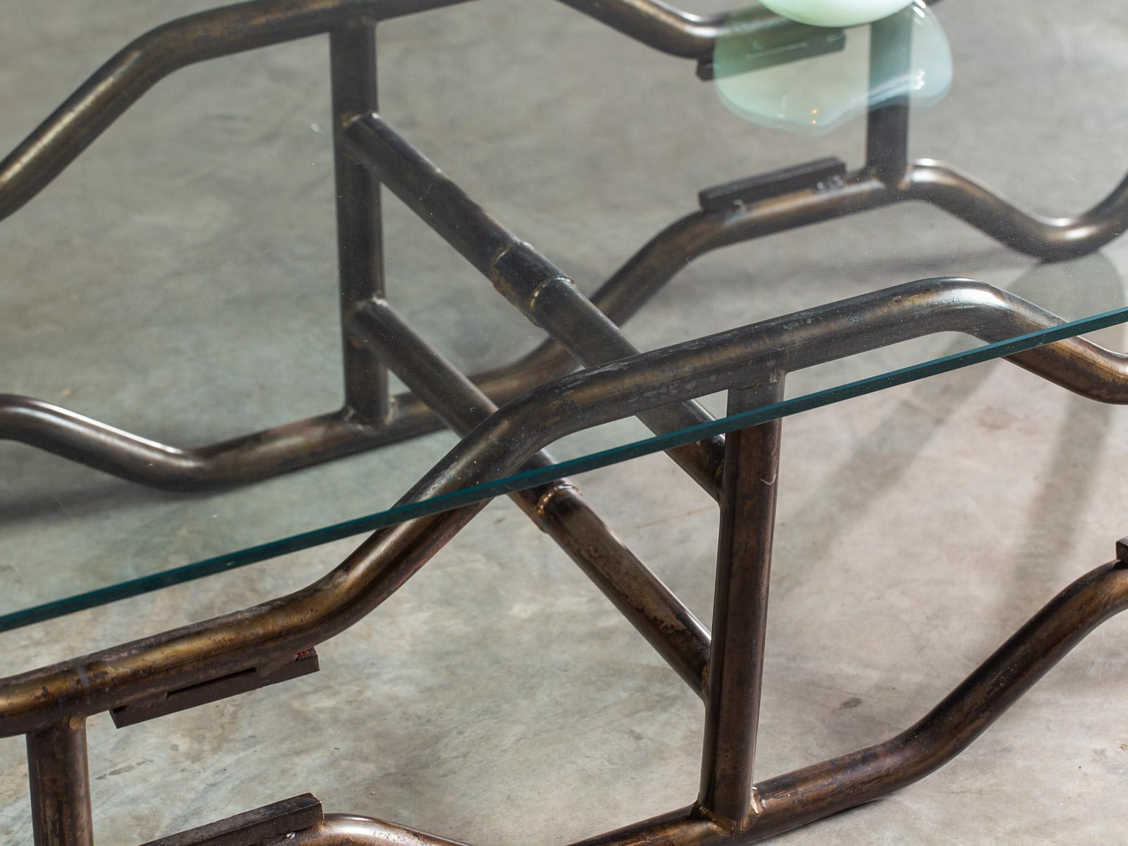 Modern French Industrial Steel Frame Glass Top Coffee Table, circa 1970 For Sale 3
