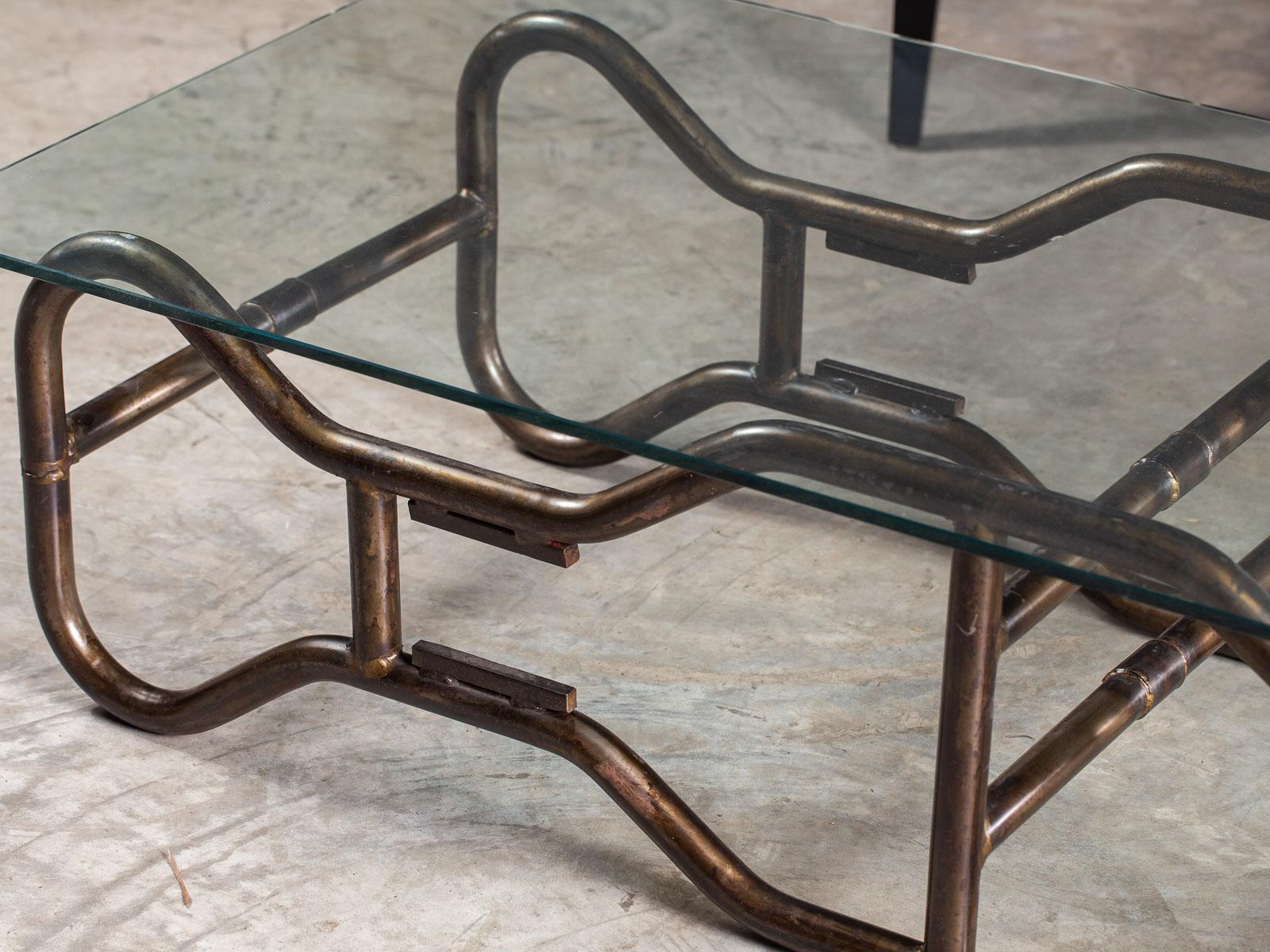 Modern French Industrial Steel Frame Glass Top Coffee Table, circa 1970 For Sale 4