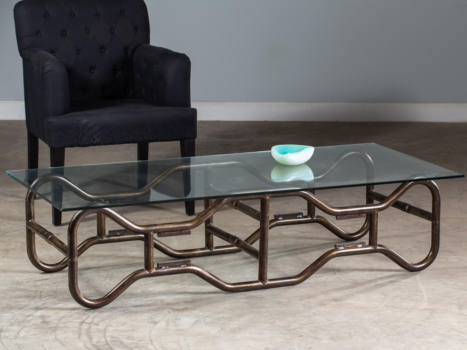 Modern French Industrial Steel Frame Glass Top Coffee Table, circa 1970 For Sale 5