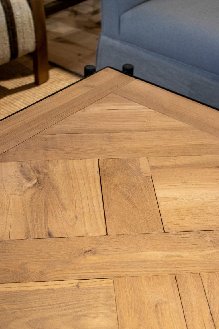 Modern French Iron Coffee Table with Classical Parquet Wood Top and