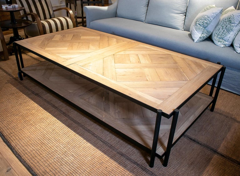 Modern French Iron Coffee Table with Classical Parquet Wood Top and