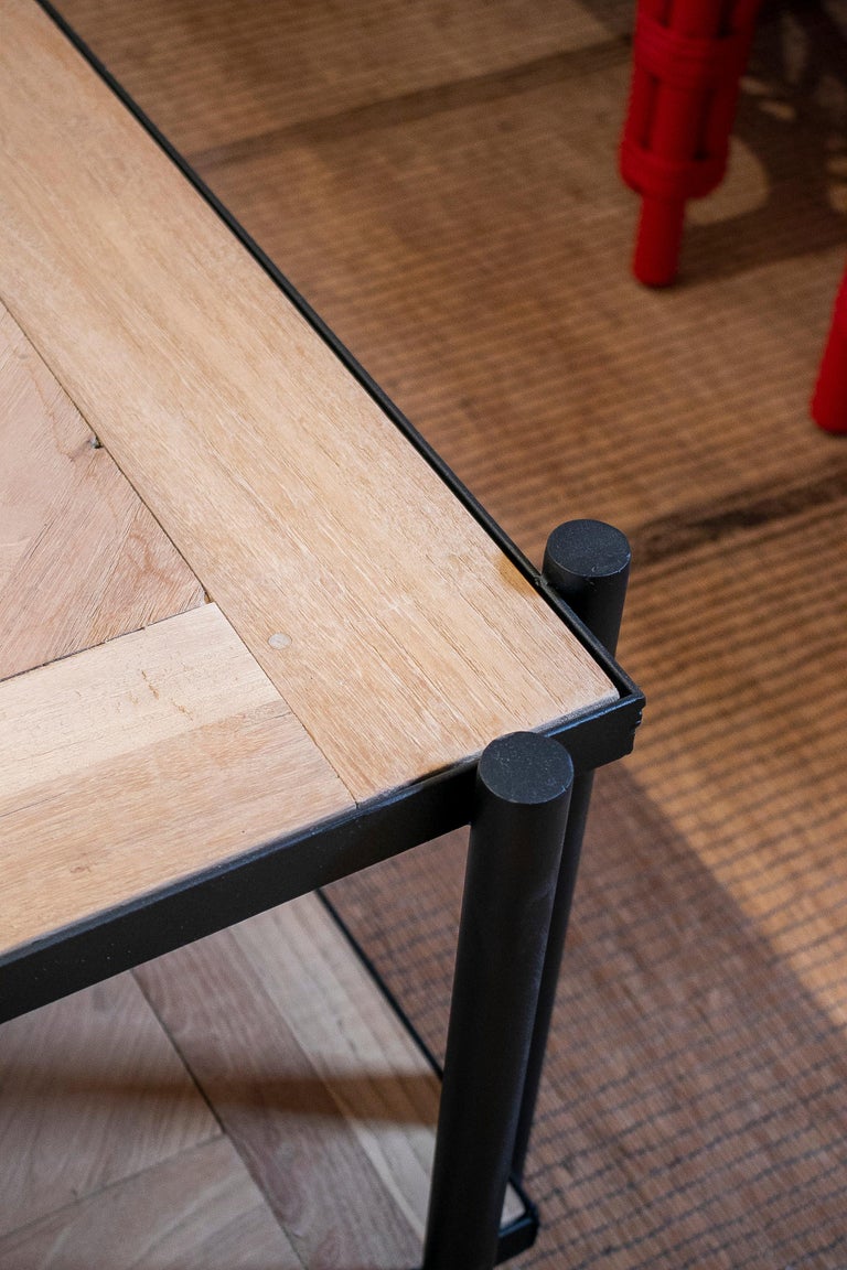 Modern French Iron Coffee Table with Classical Parquet Wood Top and