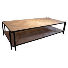 Modern French Iron Coffee Table with Classical Parquet Wood Top & Shelf
