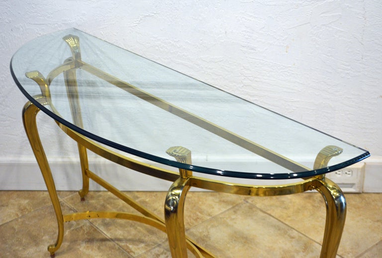 Modern French Louis XV Inspired Solid Brass Demi Lune Glass Top Console Table 5