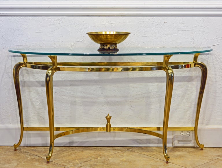 Mid-Century Modern Modern French Louis XV Inspired Solid Brass Demi Lune Glass Top Console Table