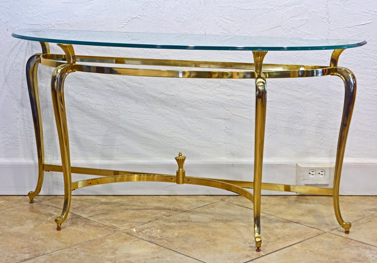 Modern French Louis XV Inspired Solid Brass Demi Lune Glass Top Console Table In Good Condition In Ft. Lauderdale, FL