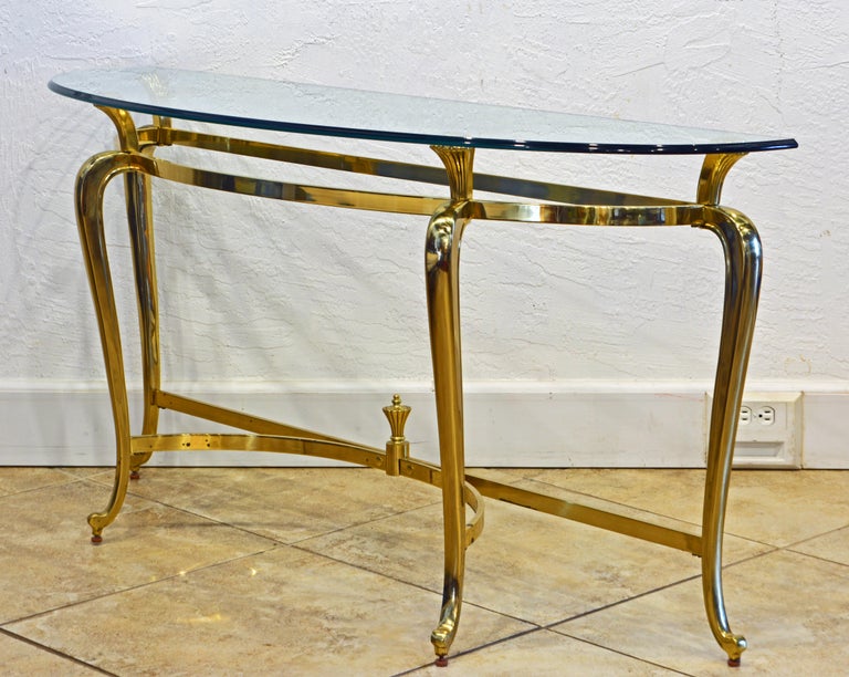 20th Century Modern French Louis XV Inspired Solid Brass Demi Lune Glass Top Console Table