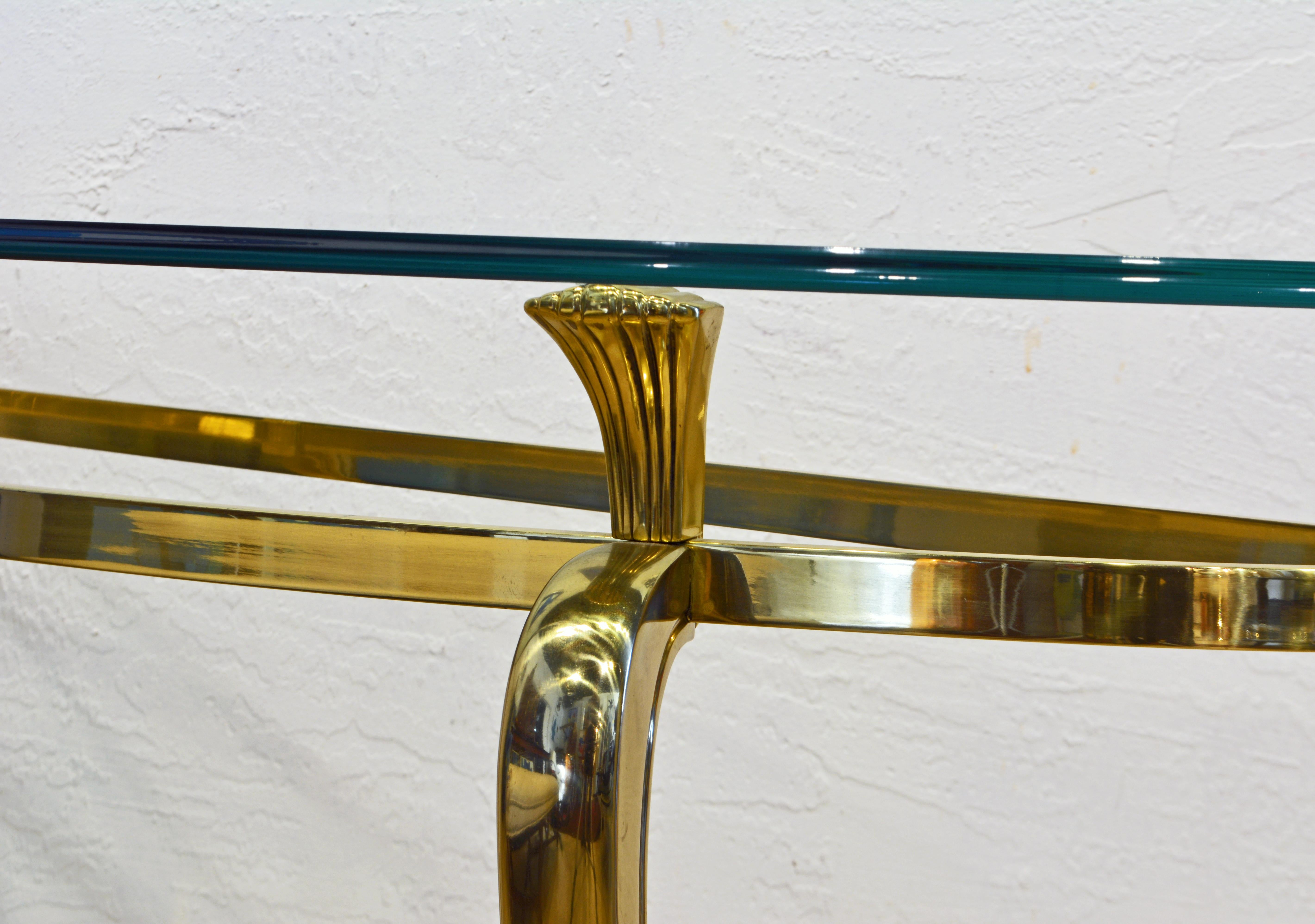 Modern French Louis XV Inspired Solid Brass Demi Lune Glass Top Console Table 1