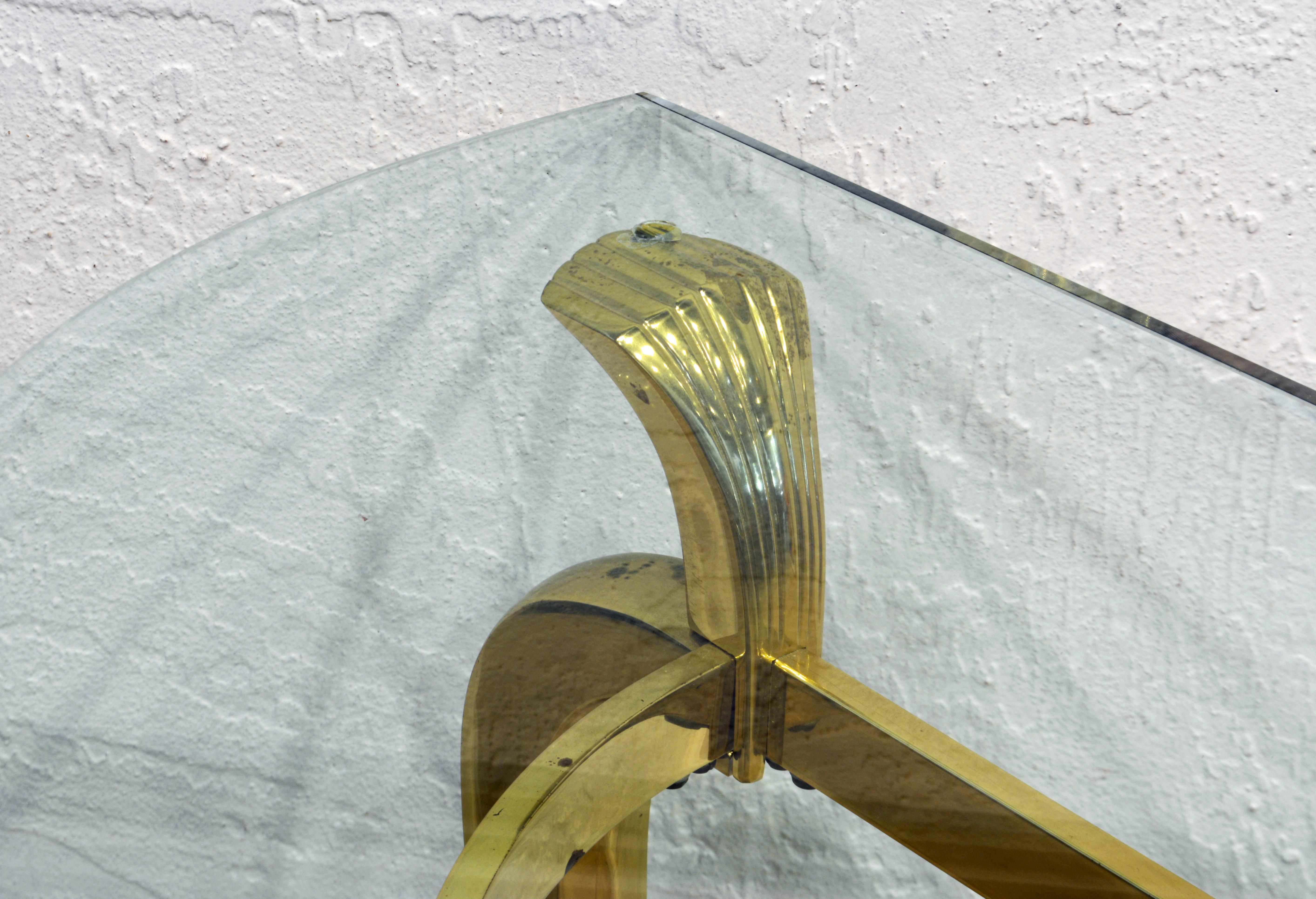 Modern French Louis XV Inspired Solid Brass Demi Lune Glass Top Console Table 4