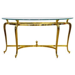Table console moderne d
inspiration Louis XV en laiton massif avec plateau en verre Demi Lune