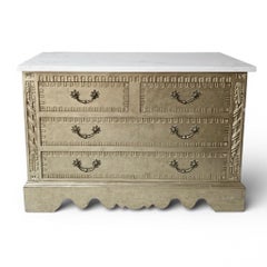 Modern French Louis XVI Style Silver Leaf Carved Chest W/ Carrera Marble Top