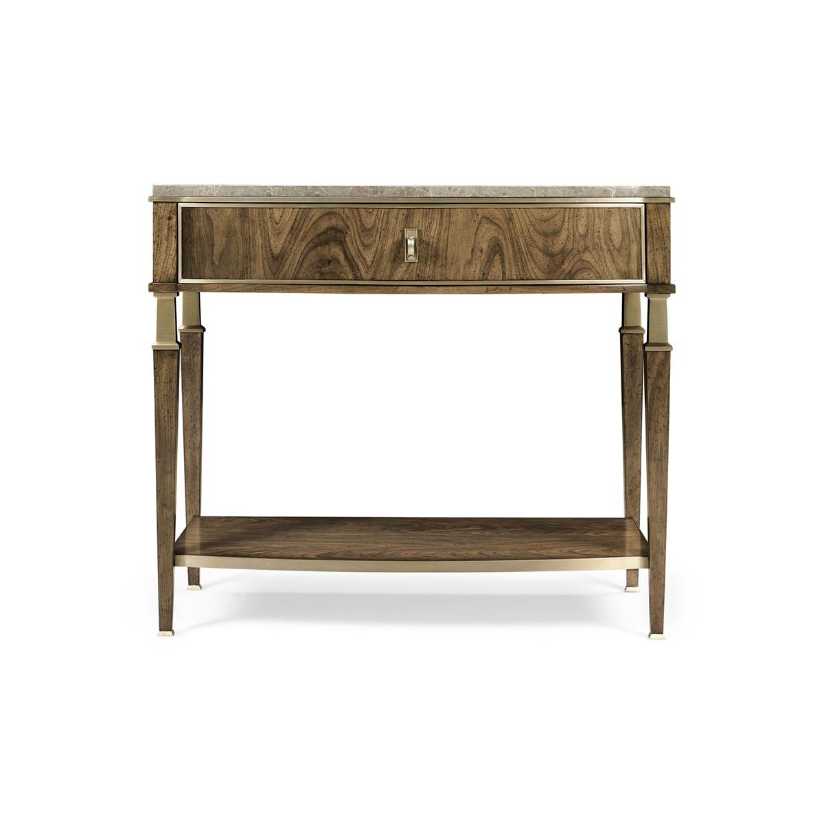 Modern French marble top walnut Nightstands, features figured Spanish marble. Drawer fronts feature walnut swirl veneer with a transparent, low luster finish. Hardware is cast in our foundry and finished in a light champagne patina.

Dimensions: