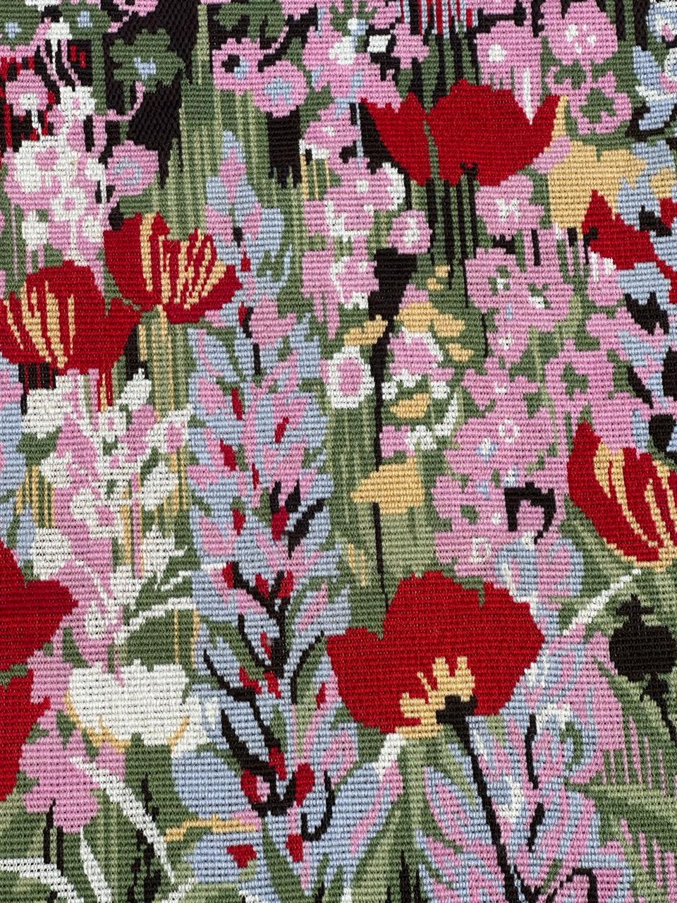 Beautiful tapestry from 20th century with a modern design with the name of artist Hervé Lelong, entirely hand embroidered with needlepoint method by wool on cotton foundation 